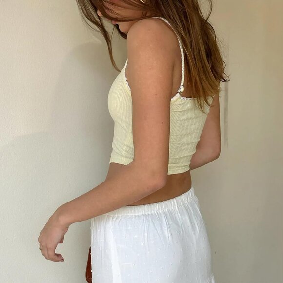 Women's Lace Trim Crop Top Cotton Blend Slim Fit Spaghetti Strap Tank - Picture 5 of 5